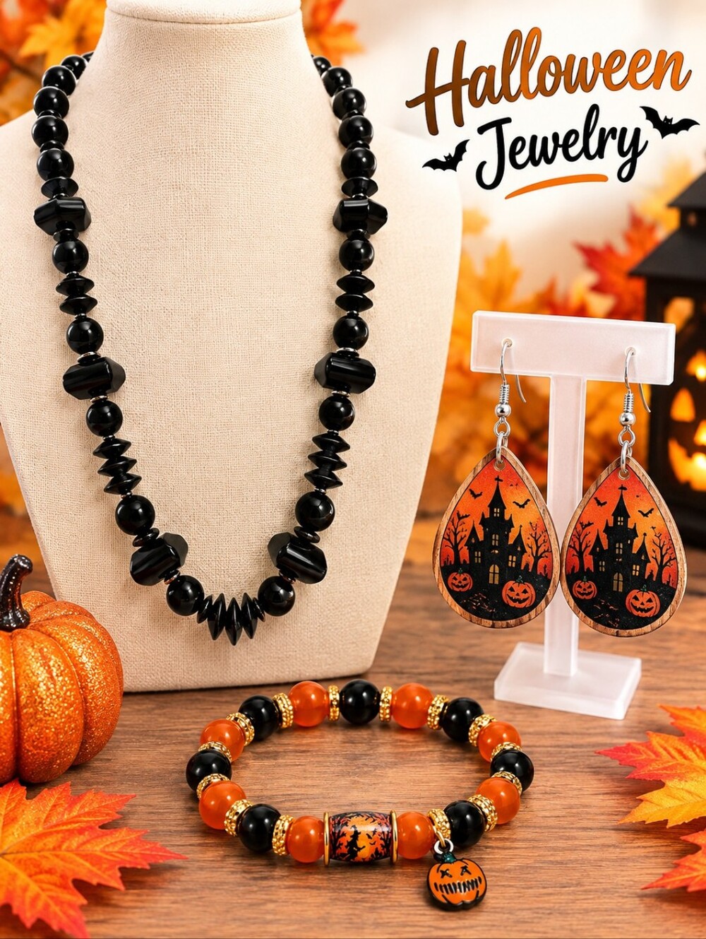 🎃 Halloween Jewelry Collection (3 Piece Set) Black Orange Gold Tone